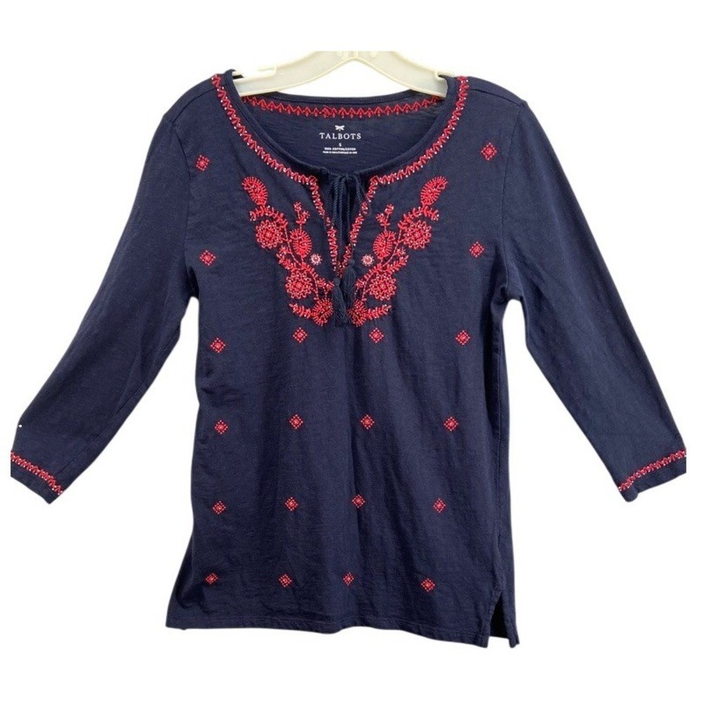 Talbots Shirt Sz S Blue Embroidered Beaded Tassel Tie Boho Peasant Cottage
